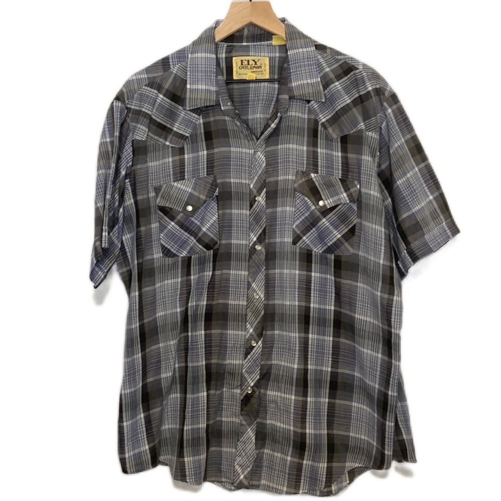 Vintage Ely Cattleman XL Pearl Snap Short Sleeve Button Down Shirt Gray Blue